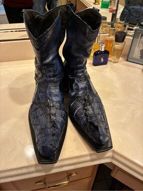 Mauri Men's Dark Navy Exotic Crocodile-Pattern Cowboy Boots
